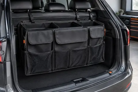 Organisateur de coffre noir à huit poches, fixé au dossier arrière d’un SUV