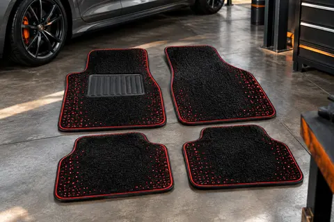 Ensemble de quatre tapis auto rouges en cuir avec strass et talonnettes en PVC dans un habitacle sobre.