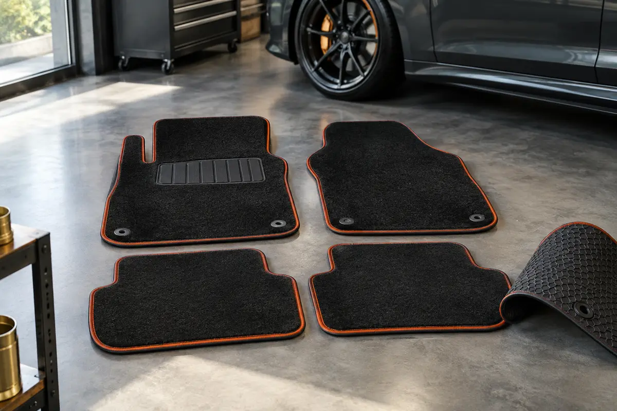 Lot de quatre tapis de voiture noirs et orange, avec envers antidérapant et zone talon conducteur.