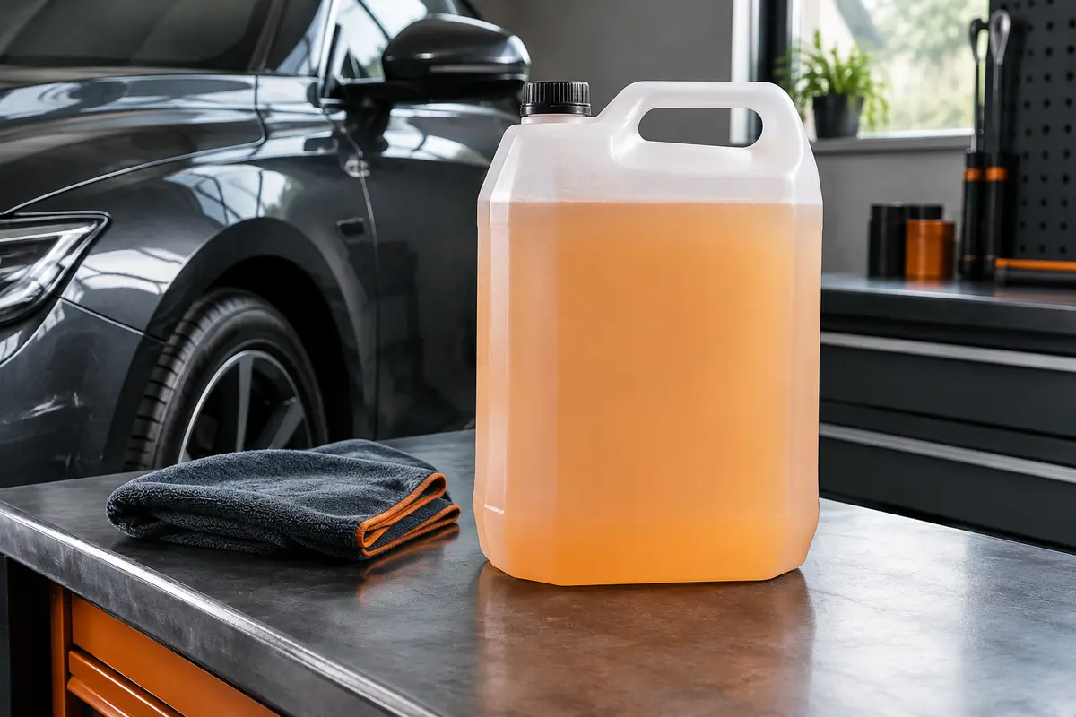 Bidon de recharge de traitement brillant automobile de 5 litres posé dans un atelier sobre