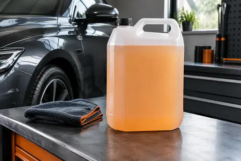 Bidon de recharge de traitement brillant automobile de 5 litres posé dans un atelier sobre