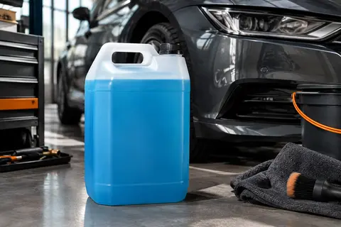 Bidon de shampoing auto à la cire près d’une carrosserie anthracite brillante dans un atelier sobre.