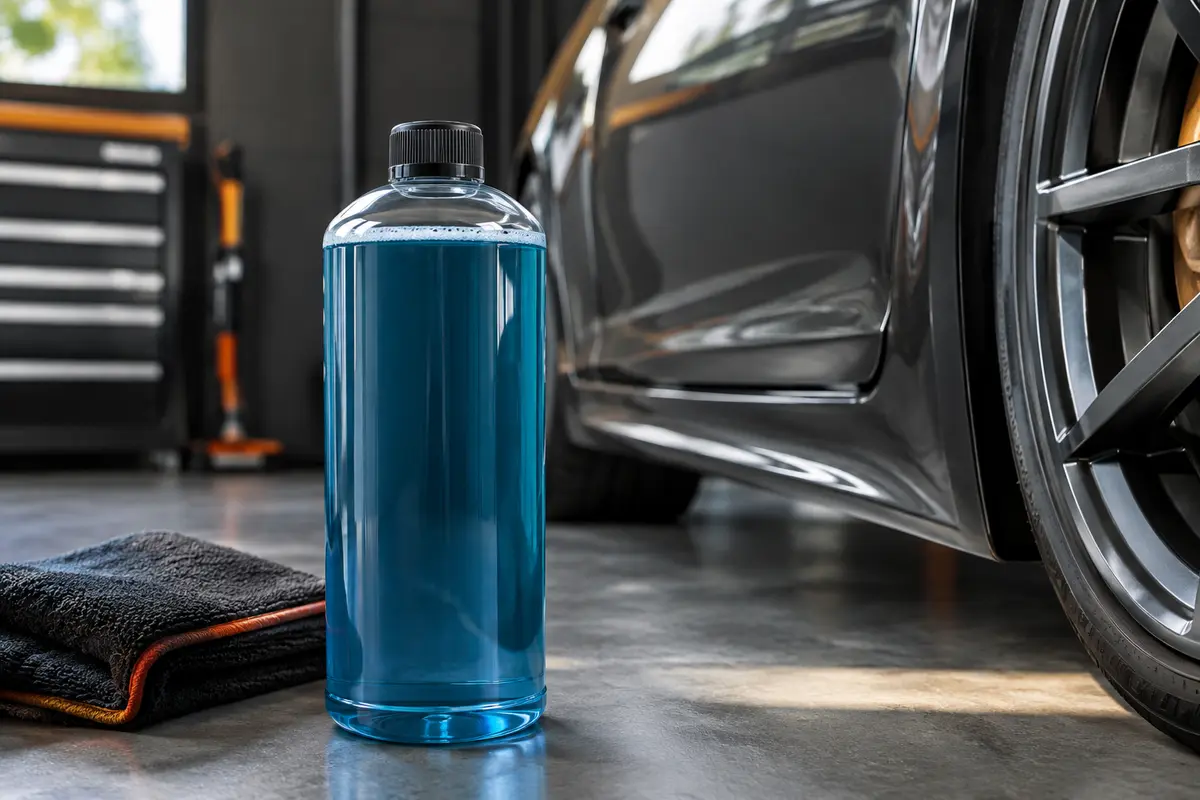 Flacon d’un litre de shampoing auto posé sur un établi devant une carrosserie anthracite