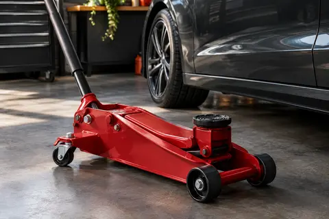 Cric rouleur hydraulique Cartrend rouge à quatre roulettes et selle pivotante dans un atelier