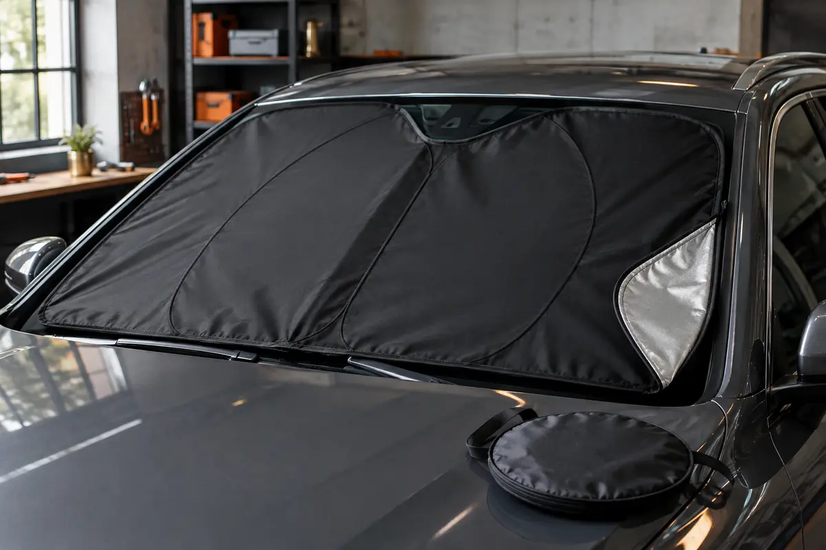 Pare-soleil pliable à double couche avec cadre métallique et sac de rangement, présenté dans un atelier urbain