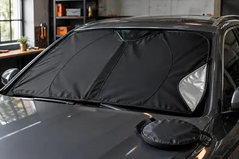 Pare-soleil pliable à double couche avec cadre métallique et sac de rangement, présenté dans un atelier urbain