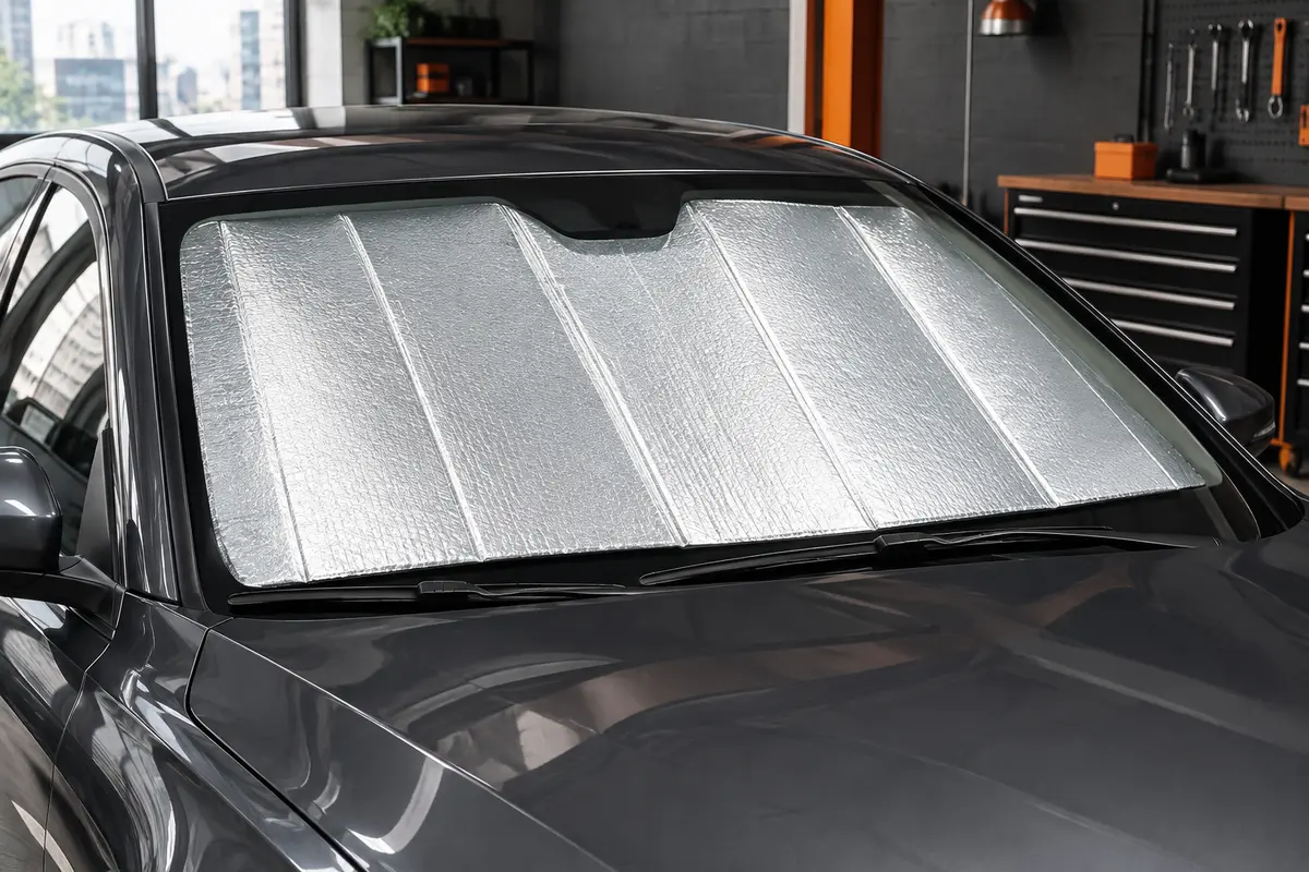 Pare-soleil avant blanc à face réfléchissante installé contre le pare-brise d’une voiture anthracite