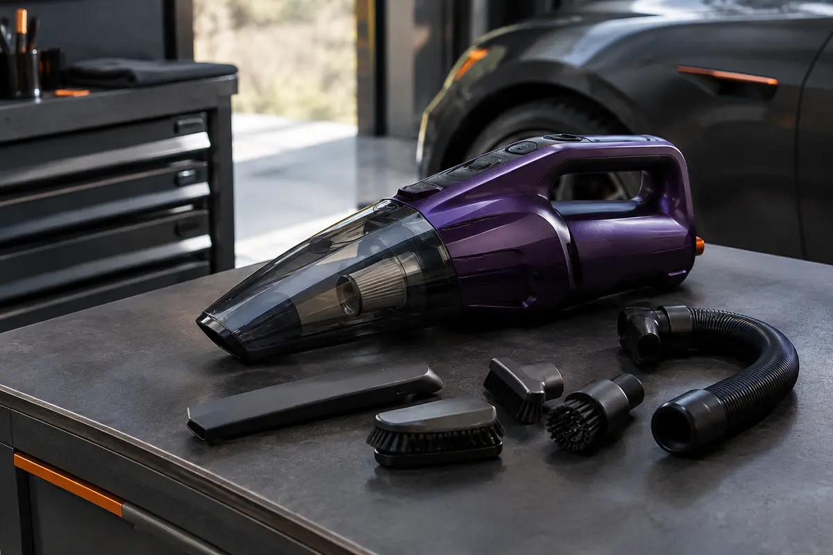 Aspirateur à main violet foncé accompagné de ses accessoires sur un tapis de voiture anthracite