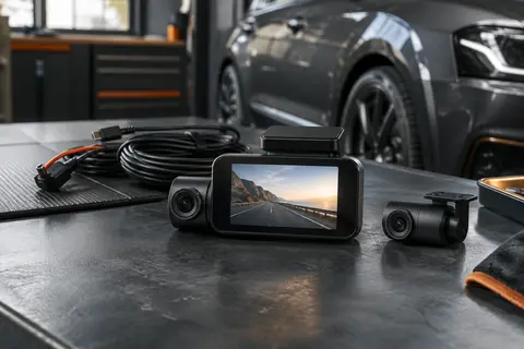 Dashcam noire DDPAI avec écran de 3 pouces et caméra arrière, présentée dans un atelier sobre