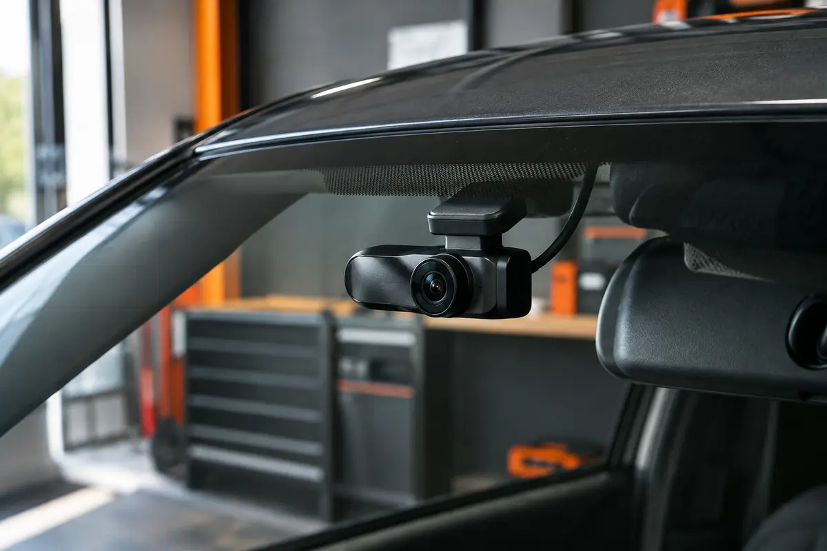 Dashcam Ddpai noire à objectif rotatif installée derrière le pare-brise d’une voiture anthracite