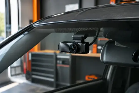 Dashcam Ddpai noire à objectif rotatif installée derrière le pare-brise d’une voiture anthracite
