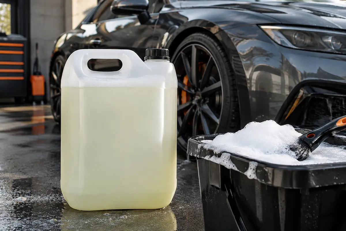 Bidon générique de shampoing mousse auto posé près d’une carrosserie anthracite dans un atelier