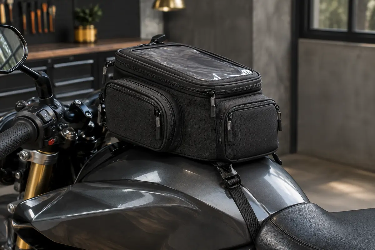 Sacoche de réservoir moto noire en toile Oxford avec quatre poches et fenêtre transparente pour téléphone.