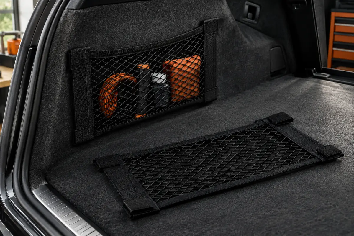 Deux filets de rangement noirs fixés sur une garniture feutrée dans un coffre de voiture
