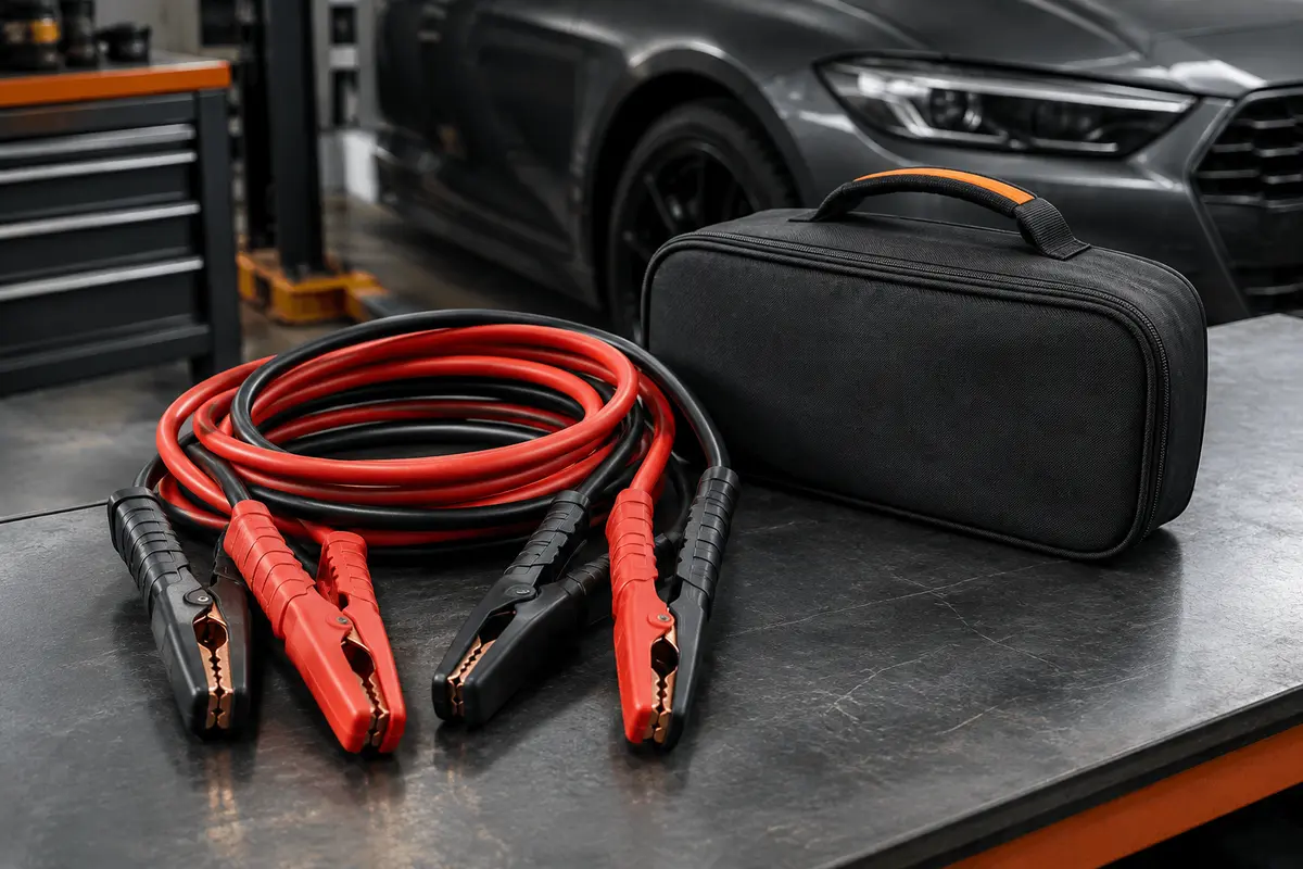 Câble de démarrage avec quatre pinces isolées et pochette posé dans un atelier automobile sobre.