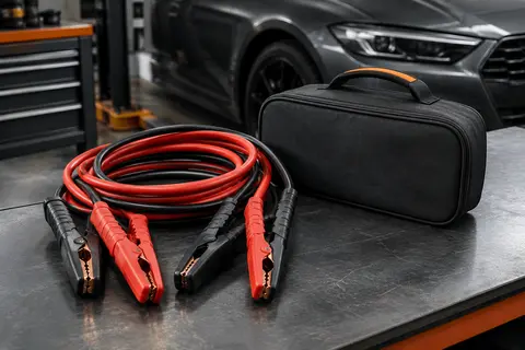 Câble de démarrage avec quatre pinces isolées et pochette posé dans un atelier automobile sobre.