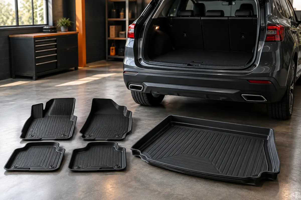 Tapis de sol noirs et bac de coffre Elmasline installés dans un Dacia Duster anthracite.