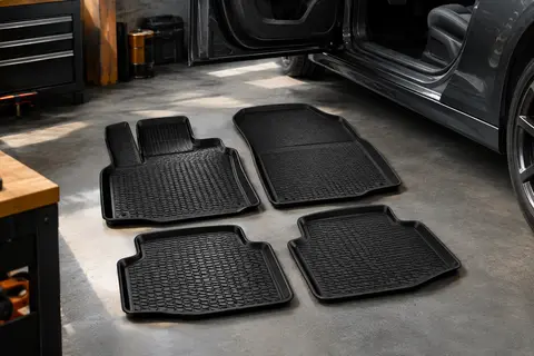 Jeu de quatre tapis de sol noirs en TPE, avec reliefs antidérapants et rebords hauts.
