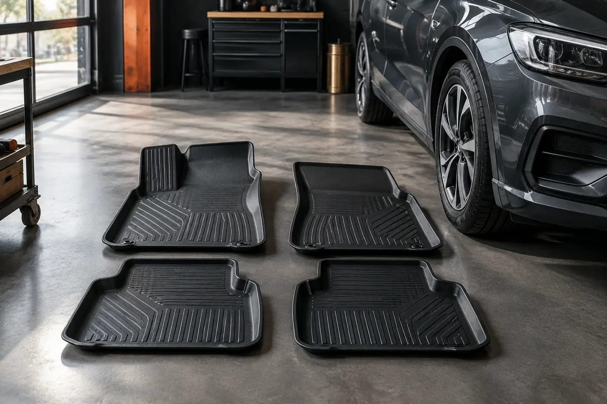 Quatre tapis de sol noirs en TPE à rebords hauts installés dans l’habitacle d’une voiture