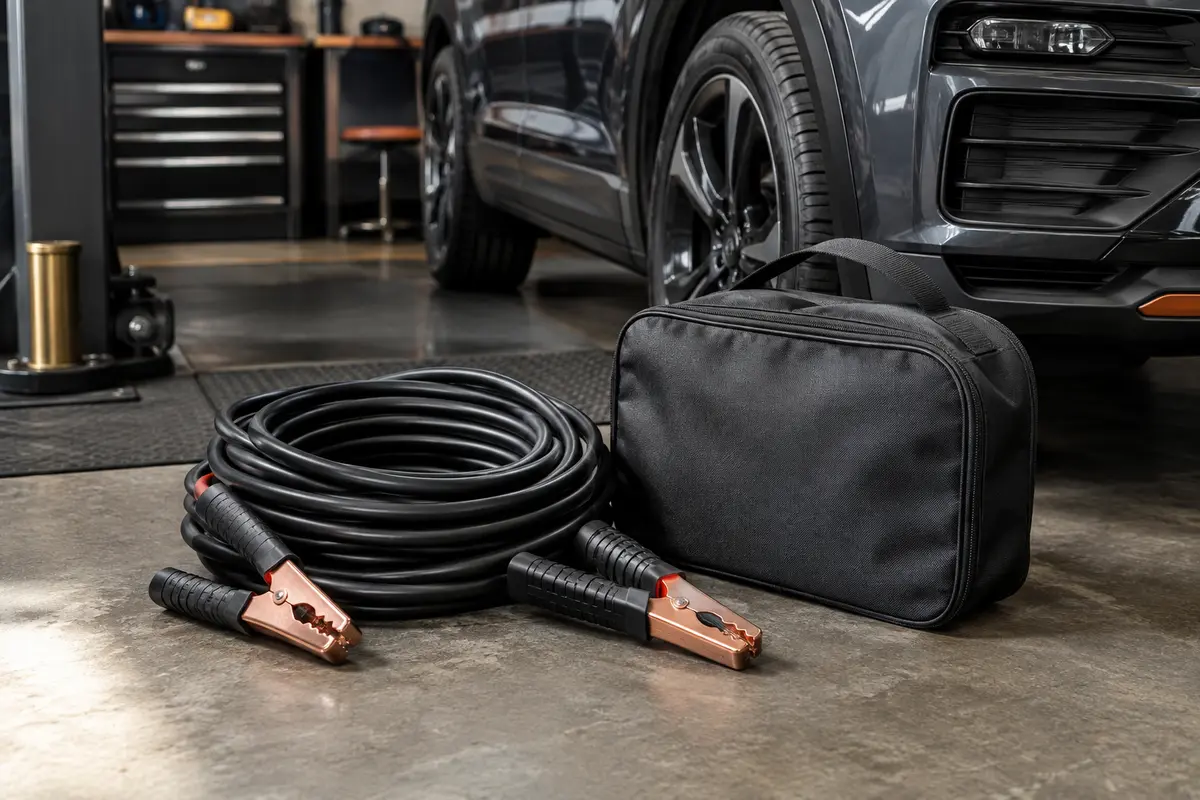 Câbles de démarrage Energizer enroulés avec leurs pinces et leur sac de transport dans un atelier sobre