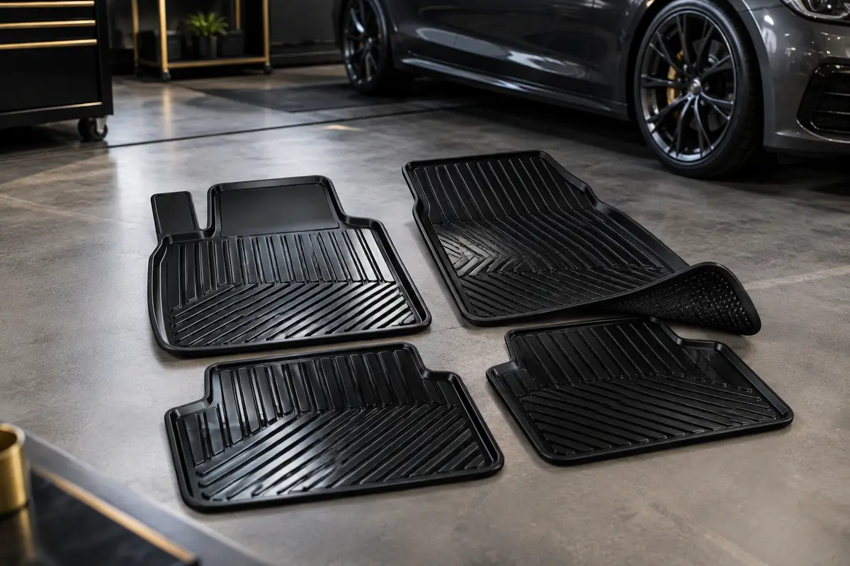 Jeu de quatre tapis de voiture noirs en PVC avec rainures en relief dans un habitacle anthracite