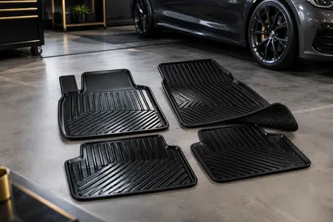 Jeu de quatre tapis de voiture noirs en PVC avec rainures en relief dans un habitacle anthracite