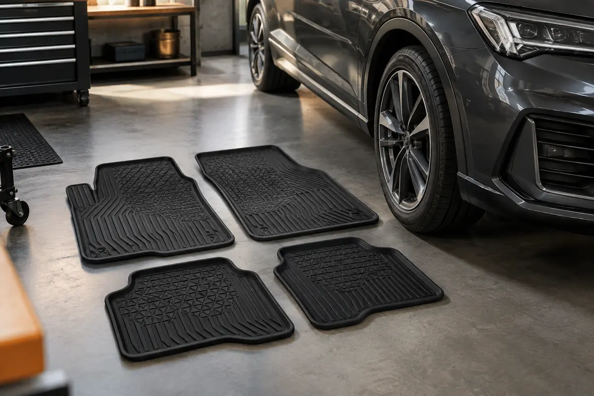 Quatre tapis de voiture noirs en caoutchouc gaufré, disposés côte à côte dans un atelier soigné.