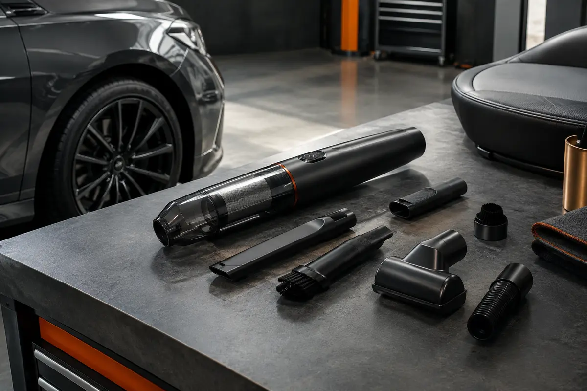 Aspirateur voiture Fanttik noir sans fil présenté avec ses embouts dans un atelier sobre