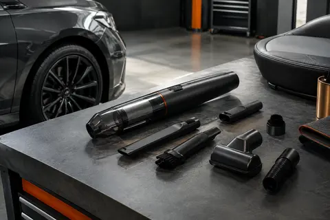 Aspirateur voiture Fanttik noir sans fil présenté avec ses embouts dans un atelier sobre