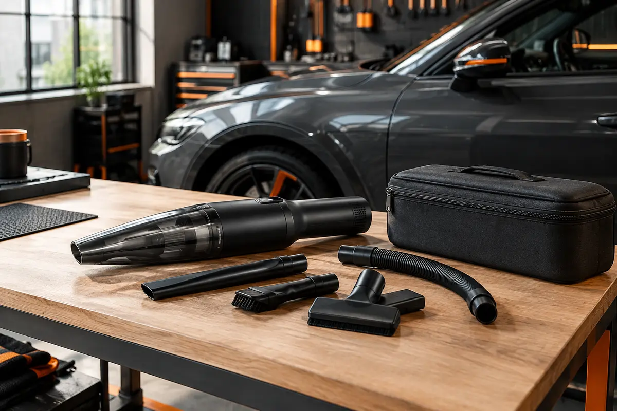 Aspirateur à main noir Fanttik Slim V8 Apex avec ses embouts, près d’une voiture anthracite