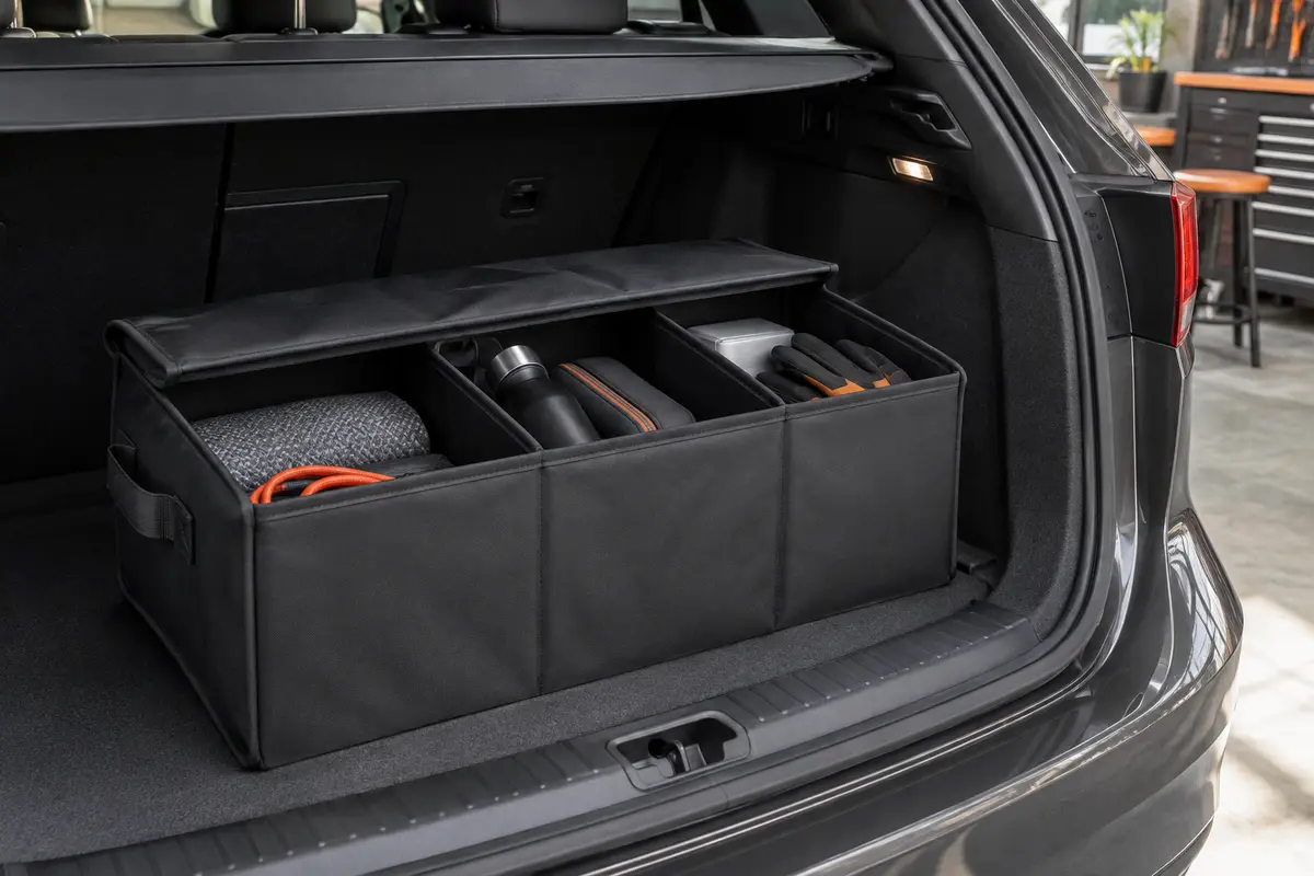 Organisateur de coffre noir déplié, avec couvercle et trois compartiments contenant des accessoires auto.
