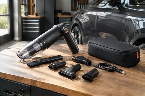 Aspirateur voiture noir mat à poignée pliable, avec collecteur transparent, embouts et sac de rangement