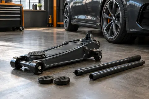 Cric hydraulique rouleur anthracite extra-plat avec patins en caoutchouc dans un atelier automobile