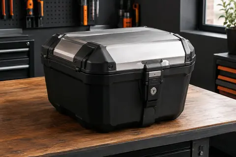 Top case moto noir et argenté Givi Garda KGR52 avec couvercle en aluminium, posé dans un atelier sobre.