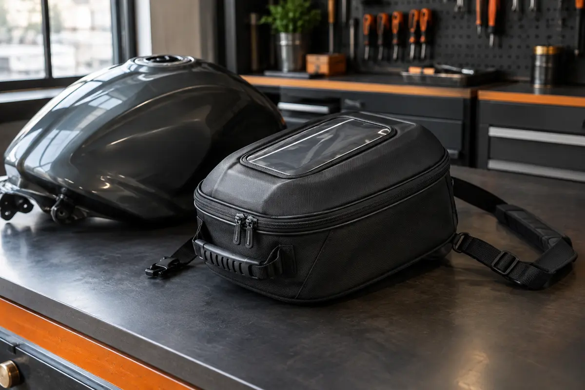 Sacoche de réservoir Givi noire de 6 litres présentée sur un établi d’atelier urbain.