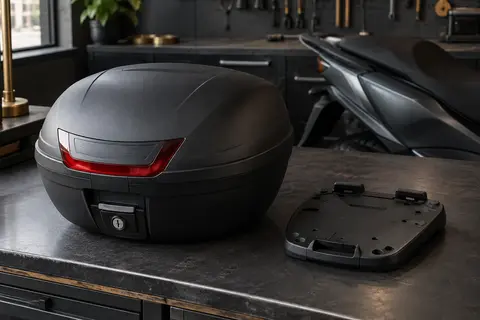 Top-case Givi E300N2 noir mat avec sa platine, posé dans un atelier urbain sobre.