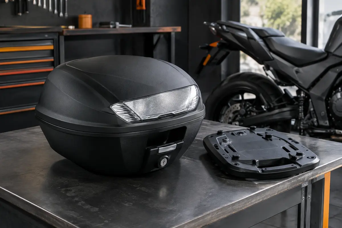 Top case moto Givi E300NT2 en plastique noir mat avec réflecteur transparent et plaque Monolock