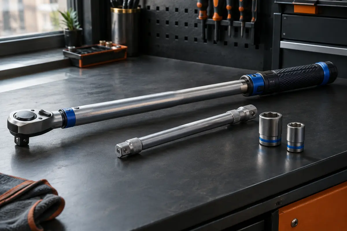Clé dynamométrique Goodyear bleue et noire avec rallonge et douilles de 17 et 19 mm