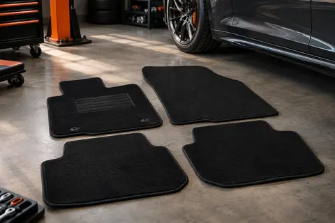 Jeu de quatre tapis de sol Goodyear noirs en moquette présenté dans un atelier automobile sobre