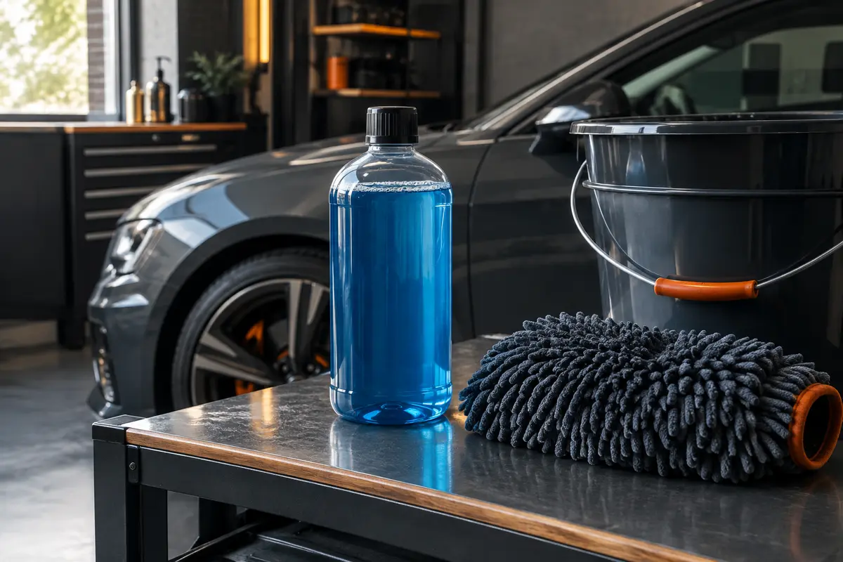 Flacon de shampoing auto concentré près d’une carrosserie anthracite dans un atelier soigné