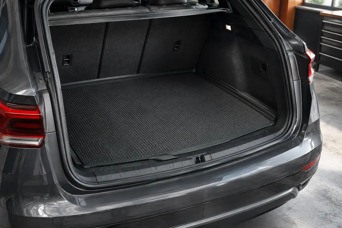 Tapis antidérapant en caoutchouc posé à plat dans le coffre d’une voiture, texture visible