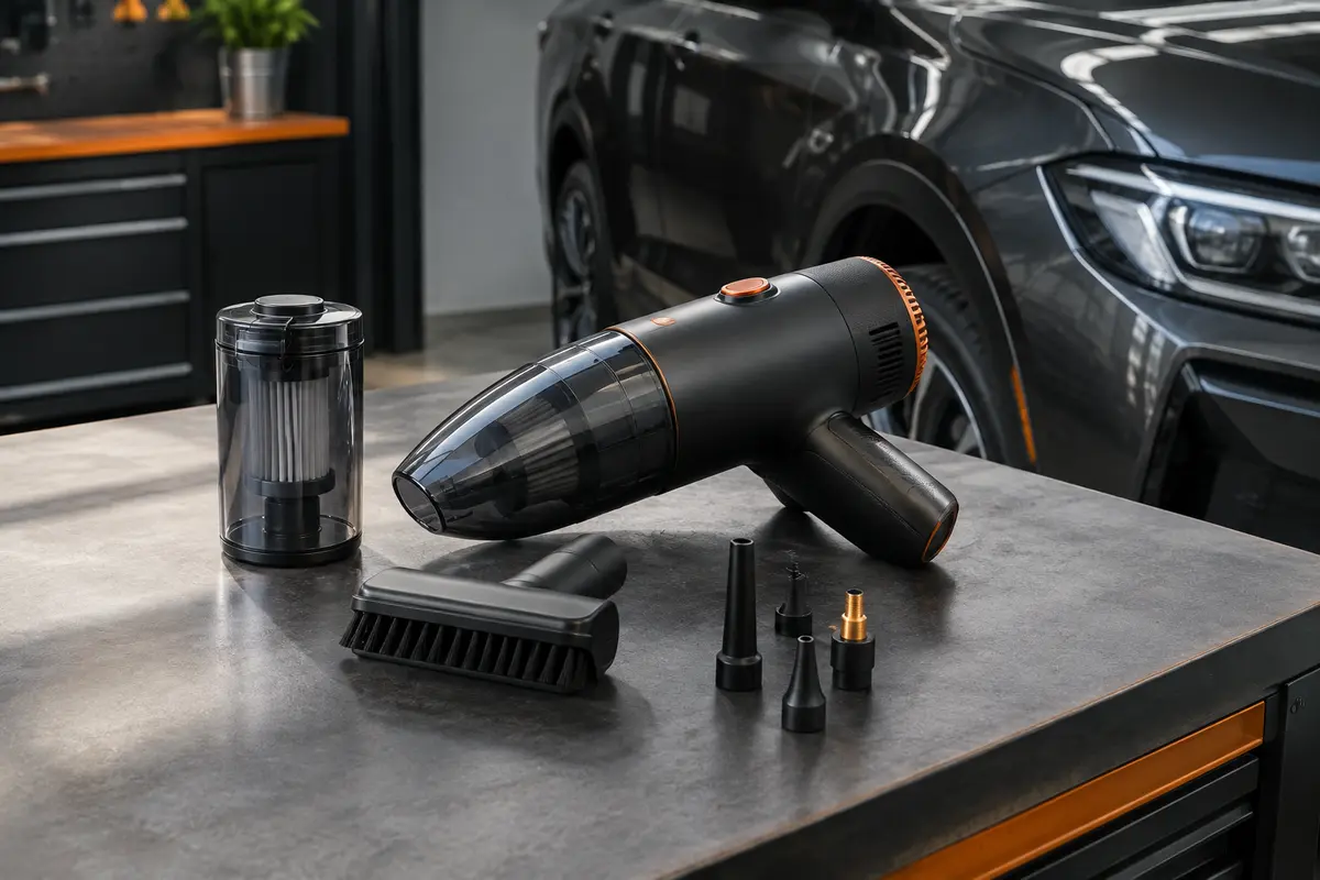 Aspirateur à main noir Hoto avec ses embouts, posé sur un établi dans un atelier urbain soigné
