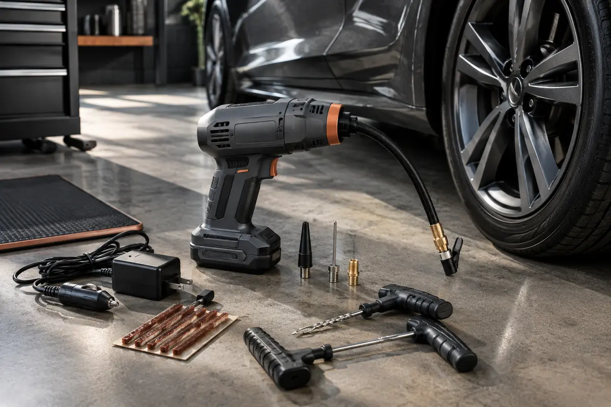Compresseur portatif avec embouts, outils de réparation et sac près d’un pneu de voiture