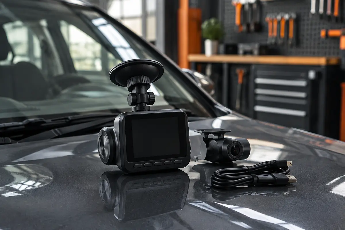 Dashcam noire à écran compact et caméra arrière présentées dans un atelier urbain près d’une voiture anthracite.