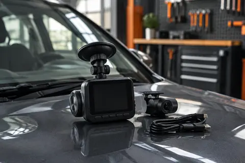 Dashcam noire à écran compact et caméra arrière présentées dans un atelier urbain près d’une voiture anthracite.