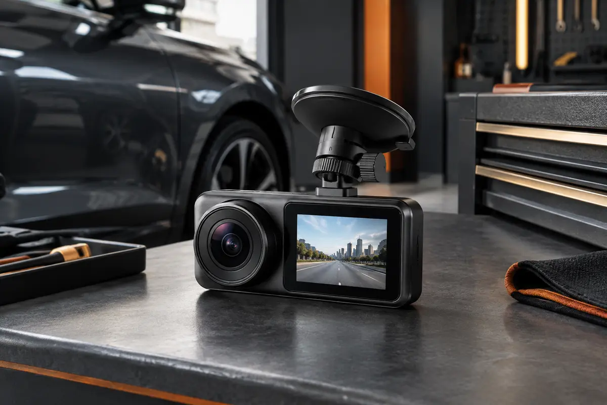 Dashcam noire iZEEKER avec écran de 3 pouces et objectif avant, posée dans un atelier urbain soigné.