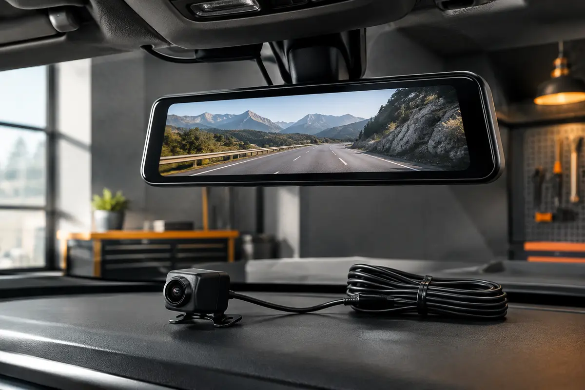 Dashcam rétroviseur noire Jansite avec écran tactile et caméra arrière posée dans un atelier sobre