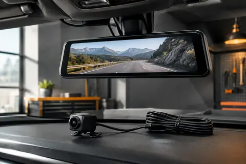 Dashcam rétroviseur noire Jansite avec écran tactile et caméra arrière posée dans un atelier sobre