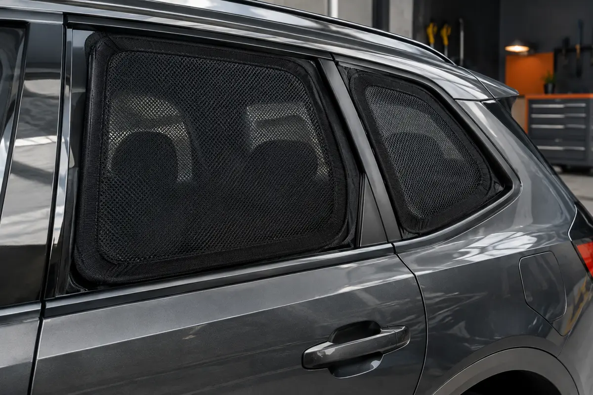 Deux pare-soleils chaussettes en maille noire posés sur les vitres arrière d’une voiture anthracite