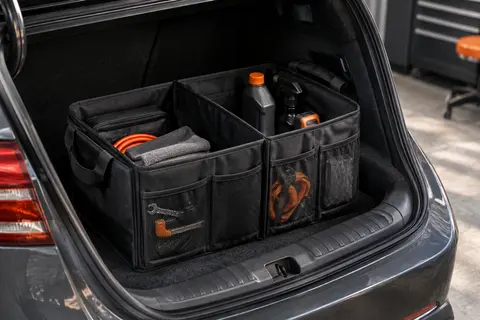 Organisateur de coffre noir en polyester Oxford avec sections modulables, poignées et poches en treillis